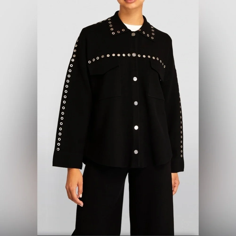MAJE Knitted Eyelet Black Oversized Over Shirt with Silver Hardware Size: 2
